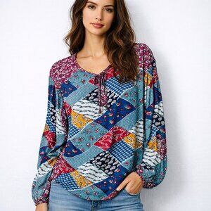 Rustic Rack Boho Patchwork Blouse‎ | Tie-Front | Colorful Boutique Top Sz. Small